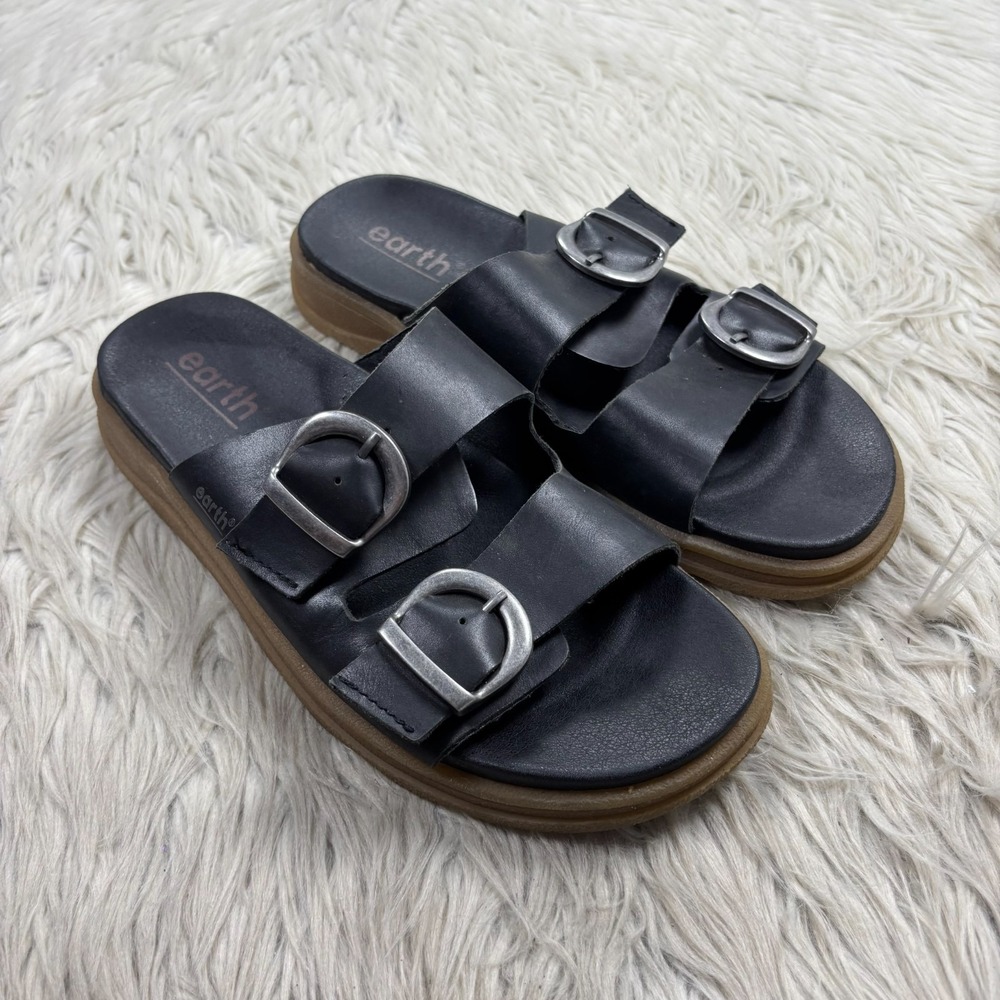 Earth Women's 9 Black Leather Lory Strappy Flat Slide Slip-On Sandal Buckle